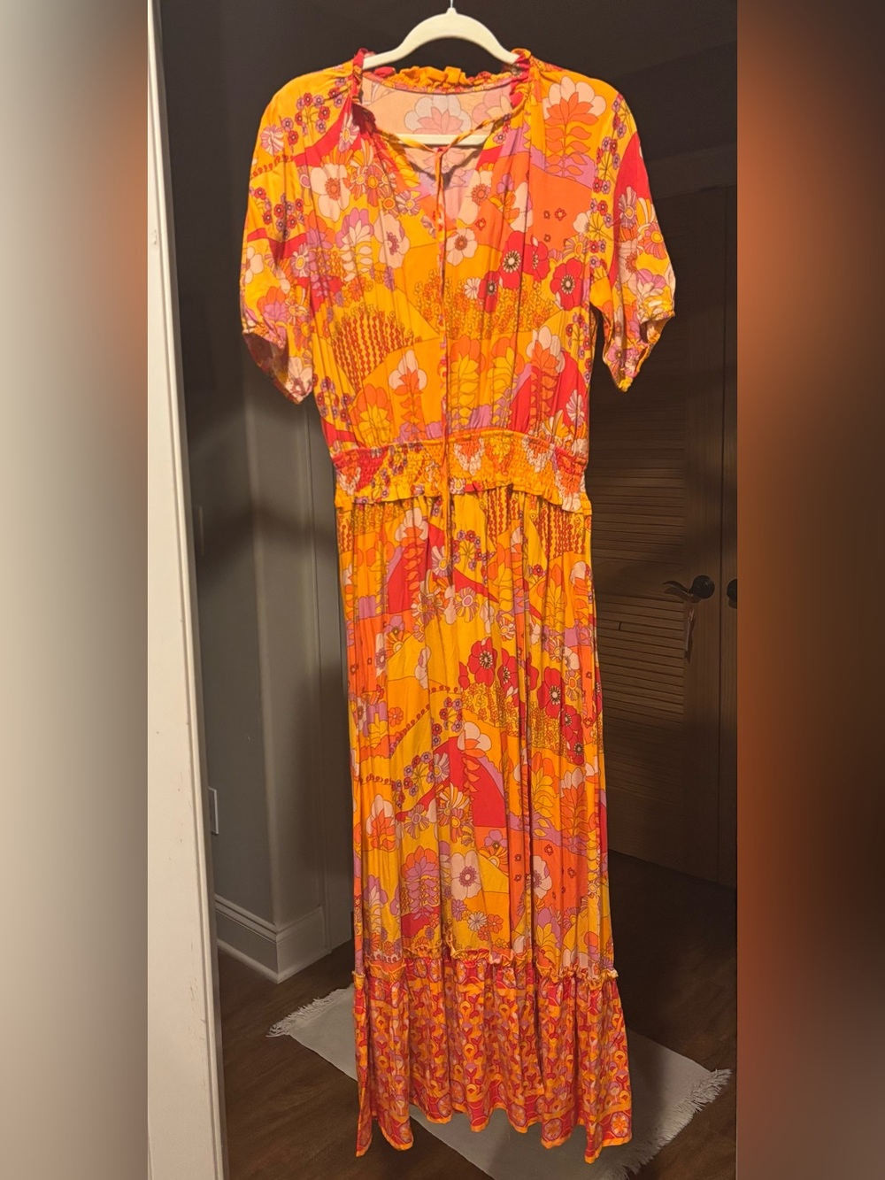 Boho Floral Orange Maxi Dress with Pink Accents - Women's